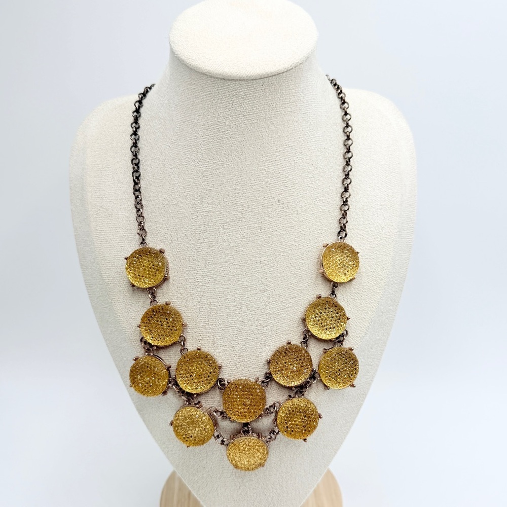 Charming Charlie Yellow Faceted Cabochon Statement Bib Necklace Gold Tone